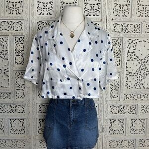 Vintage Victorias Secret Satin Blue &‎ White Polka Dot Cropped Sleep Shirt Sz M